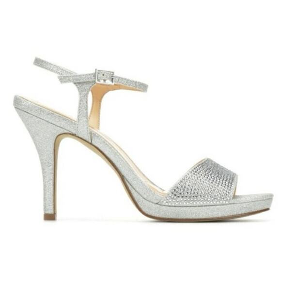 Badgley Mischka Silver Glitter Heels Sandals 10W Rhinestone Ankle Strap Dressy - Picture 1 of 16